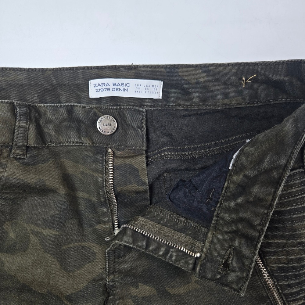 Zara Pants Women 6 Green Camo Moto Skinny Z1975 Denim Biker Ribbed Zipper Edgy - Picture 2 of 7